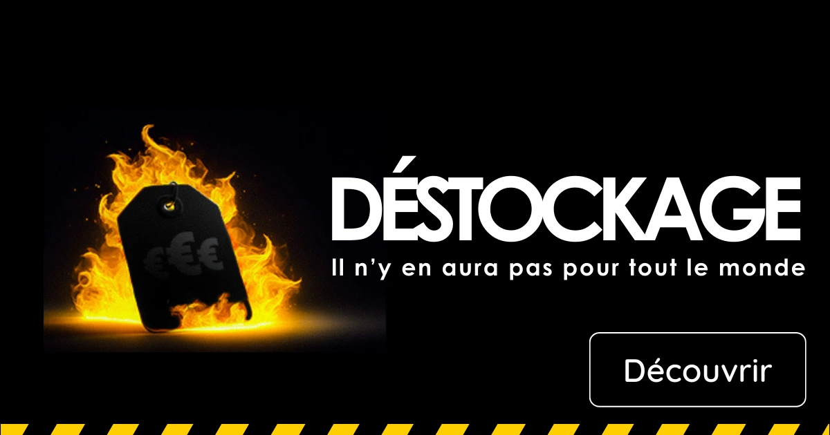 Visuel promotionnel Hammel pour le déstockage. Une étiquette noire enflammée symbolise des prix brûlants. Texte : « STOCK LIMITÉS – Il n’y en aura pas pour tout le monde ». Bouton jaune : « J’en profite ».