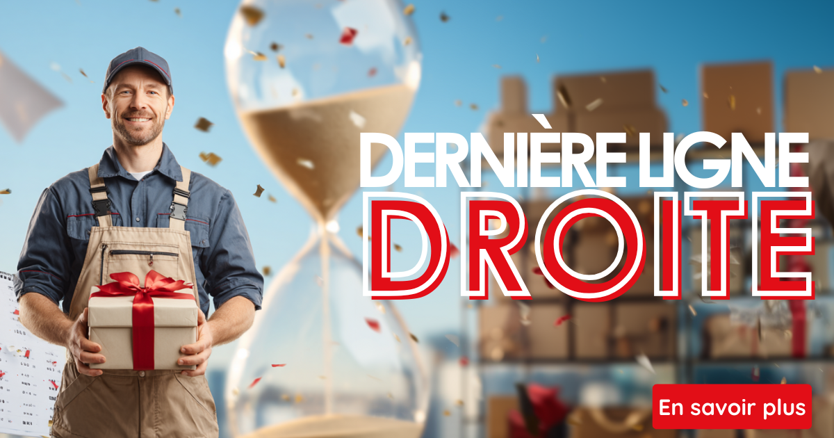 Visuel promotionnel du programme fidélité Hammel. Un artisan plombier souriant tient un cadeau avec un ruban rouge. En arrière-plan : un grand sablier, des cartons et un calendrier déchiré. Texte : « Dernière ligne droite – Validez votre objectif fidélité