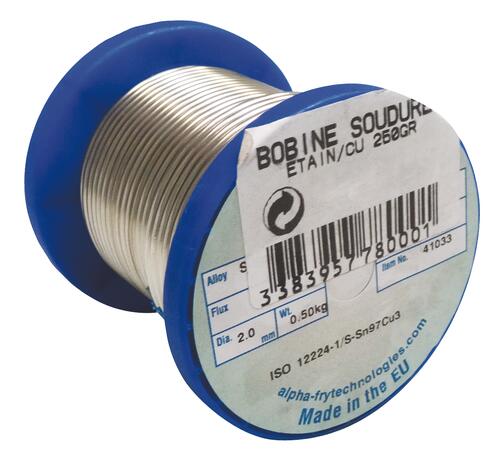 Bobine soudure étain 97% et cuivre 3% sans plomb fil plein 500 grs 221-50