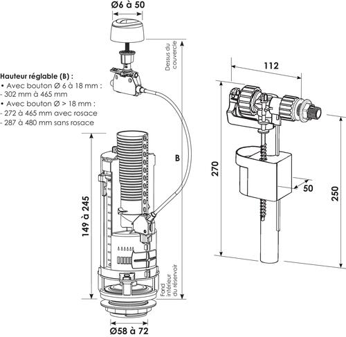 Mécanisme WC - Soupape double poussoir à câble + Robinet flotteur  réversible - Hydrocable - FixoConnect - Ayor