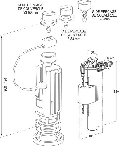 Mécanisme complet WC - Mécanisme universel à câble pour vidage double  chasse/Robinet flotteur d'alimentation latérale - Raccord laiton M12/17  (3/8) 