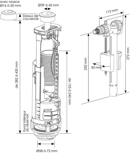 Mécanisme WC - Soupape double poussoir à câble + Robinet flotteur  réversible - Hydrocable - FixoConnect - Ayor