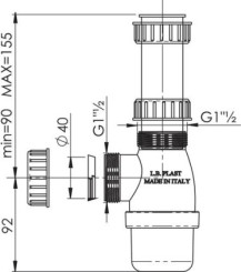 Siphon d'évier à hauteur réglable de 90 à 155mm ø40