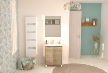Meuble ODESSA sur pieds 2 portes 60cm bois miroir suspendu