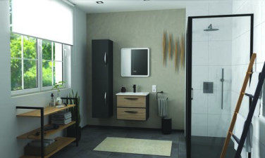 Meuble DUBAI à suspendre 60cm noir acacia avec miroir LED ATHENES