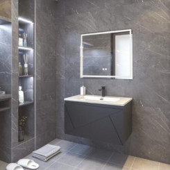 Meuble LONDRES a suspendre 80cm noir avec miroir LED SEVILLE 
