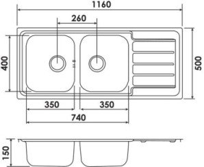 Évier à encastrer inox satiné 116 cm 2 cuves