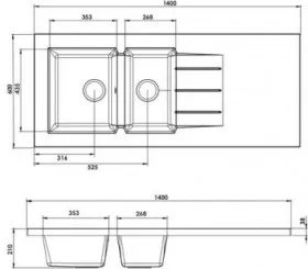 Évier à poser résine de synthèse 140cm 2 cuves blanc moucheté