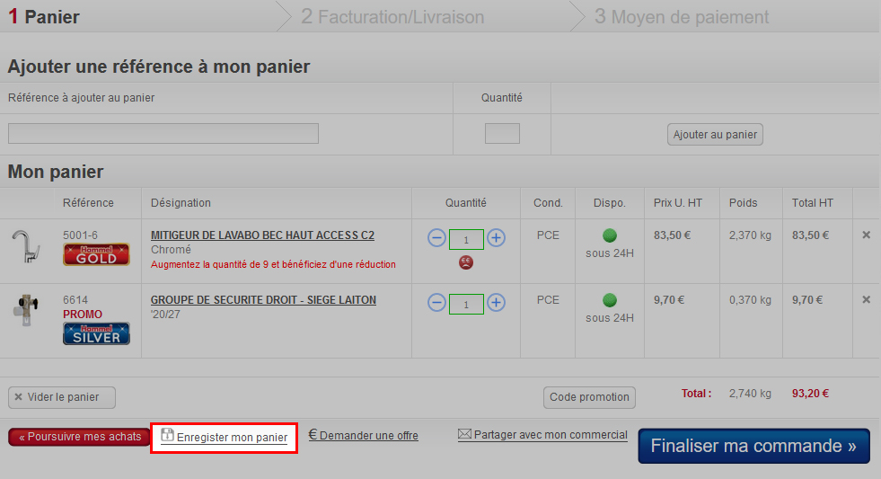 Le bouton 'Enregistrer mon panier
