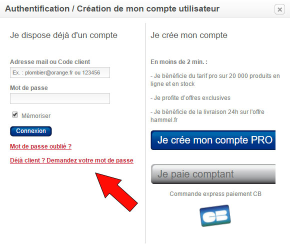 Cliquez sur 'Déjà client ? Demandez votre mot de passe