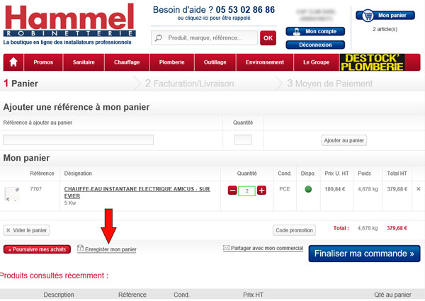 Le bouton 'Enregistrer mon panier