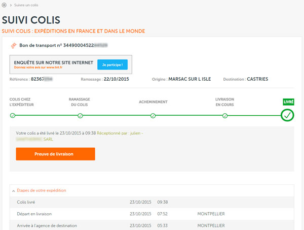 Le suivi d'un colis via la plateforme TNT.